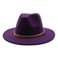 Detailed view of wide brim felt fedora hat featuring a vintage woven brown decorative band - M (56-58cm) / Purple