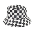 Close-up of black and white checkerboard bucket hat with embroidered smiley patterns - M (56-58cm) / White