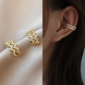 Golden wave-shaped non-pierced ear cuffs with cubic zirconia for an elegant French look - 30009-Gold Wave Zigzag Rhinestone Pair
