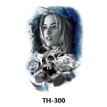 Waterproof tattoo sticker TH-300 featuring a female portrait, skull and blue roses - Th-300 / 210*148mm