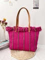 Fuchsia striped woven beach tote bag with decorative tassels and brown handles - Magenta & Black Stripes