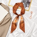 French vintage brown silk scarf hair tie with sun and star patterns for women - Caramel Sun God