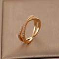 Adjustable gold plated cross wave ring with micro-pave pink cubic zirconia stones - Gold Double Layer Pink Ring (9063)