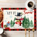 Set de table de Noël avec bonhomme de neige et texte 'Let it Snow' sur table en bois - CD40-1/Lin Imperméable/Motif Bonhomme de Neige / 30x45cm