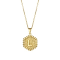 Golden hexagonal necklace featuring letter L pendant with beaded edge and hammered texture - Letter L