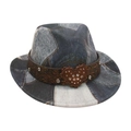 Blue denim jazz hat with brown leather band and sparkling rhinestone heart buckle - Kids Size / Denim Large Heart Style / Black