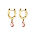 Detailed view of gold hoop earrings with pear-cut pink gemstones in bezel settings - Teardrop Pink Stone Pendant Hoop Earrings
