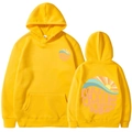 Yellow long sleeve hoodie featuring a sunset print and forever chasing sunsets text - Yellow