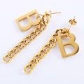 Detail of gold stainless steel chunky chain earring with polished letter B pendant - Chain Tassel Style (Width 12mm Height 46mm) / Gold
