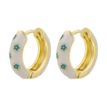 Detailed view of gold hoop earrings with white enamel coating and blue floral patterns - 1 Pair / White