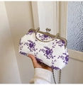 White satin evening clutch with purple 3D floral embroidery and silver chain - Purple