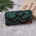 Halloween cork texture wallet with bat and pumpkin patterns on dark green base - 128F Dark Green Pumpkin Bat Style