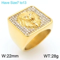 Anello da uomo dorato stile hip hop con testa di leone e pavé di cristalli quadrati - US 8 / Testa di Leone (KR112699-MZOZ)