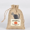 Halloween burlap drawstring gift bag featuring a black cat and pumpkin party sign print - 10*15cm / Black Cat