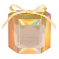 Hexagonal laser holographic gift box with window and yellow ribbon bow on white background - Holographic Gold