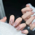 Pink cat-eye press-on nails with white pearls, rhinestones and golden wire ribbons - Large (L) / Romantic Ballet Extra Short Coffin (1356)