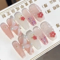Pink and white gradient long trapezoid handmade press-on nails with 3D floral and pearl accents - L / Pink White Gradient Pearl Butterfly Style (Includes 5-Piece Tool Set)