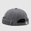 Detail view of the vintage washed grey cotton beanie with adjustable metal buckle strap - Adjustable / Gray