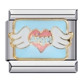 Dettaglio del charm italiano con cuore alato rosa e scritta Angel su smalto azzurro chiaro - Cuore d'Angelo (ICJ711)