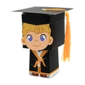 3D graduation candy box with cartoon boy graduate design and yellow tassel detail - Boys