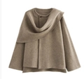 Short camel wool blend coat with asymmetric scarf collar and minimalist button design - Light Khaki