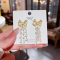 Elegant gold bow earrings with crystal tassels and S925 silver needle for women - Gold Bowknot Crystal Tassel