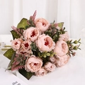 Artificial pink peony bouquet with realistic buds and green leaves for home decor - Champagne Pink