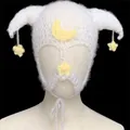 White handmade knit devil horn balaclava with yellow moon and star details - Devil Horn Style / White Horn Yellow Stars