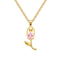 Golden tulip flower necklace with a pear-cut pink zircon pendant for women - Pink Tulip (PNB-223GPK)