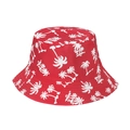 Detail view of reinforced stitching on red bucket hat with white palm tree patterns - 58cm / Red
