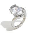 Silver stainless steel ring featuring a large oval white zircon in a 4-prong setting - US 6 / Steel