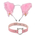 Détail du serre-tête oreilles de chat rose et tour de cou avec clochettes et boucle - Ensemble Choker Chat Rose / Rose