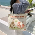 Cream canvas tote bag with cartoon rabbits illustration and happy play text design - Flower Rabbit
