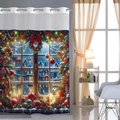 Christmas shower curtain with snowy window view, festive ornaments and metal grommets - 181x188cm / Warm Snow Scene