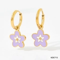 Golden hoop earrings featuring purple and white enamel flower charms with metallic center - Purple Style (KDE715)