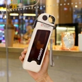 Sleek beige and brown portable plastic water bottle with straw and grey carry strap - 350ml / White