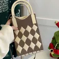 Brown argyle knit tote bag with sunflower-themed texture and cream-colored handles - Diamond Khaki
