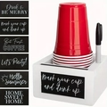 White wooden coffee cup holder with chalkboard front and red plastic party cups - Single Cup with 3 Chalkboards - White