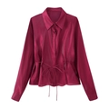 Burgundy long sleeve bow-tie waist blouse with a glossy translucent finish for women - XS / Burgundy