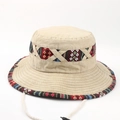 Detailed top view of khaki cotton sun hat with colorful tribal geometric embroidery and strap - L (58-60cm) / Flower-Light Khaki