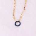 Gold plated paperclip necklace with black circular pendant and micro blue diamonds - Round Lake Blue Zirconia Necklace