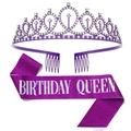 Purple glitter BIRTHDAY QUEEN sash with matching rhinestone crown headband set - Set 31 Deep Purple Birthday Queen