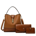 Three-piece brown tote bag set with crocodile texture including wallet and card holder - Brown