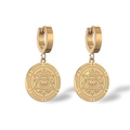 Gold evil eye hoop earrings with celestial star and zodiac engraving on circular charms - Astrology Eye Pattern / Gold