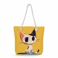 Vibrant yellow canvas tote bag with cartoon cat print and durable cotton rope handles - Bright Yellow Black White Cat (msk1216)