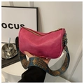 Detail of rose red pleated PU leather baguette bag with ethnic patterned wide strap - Rose Pink