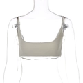 Detail of light sage green ribbed knit crop top featuring thin straps and square neckline - S / Khaki