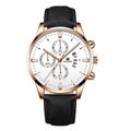 Detailed close-up of SHAARMS men's quartz watch with rose gold case and black leather strap - Black Strap Rose Gold Case White Dial Rose Gold Hands