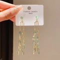 S925 silver needle tassel earrings with green opal gemstones in a golden floral design - Silver Needle Cat's Eye Leaf Tassel Stud Earrings (Gold/Green)