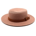 Detailed top view of purple straw boater hat with a brown double leather band - Dusty Pink